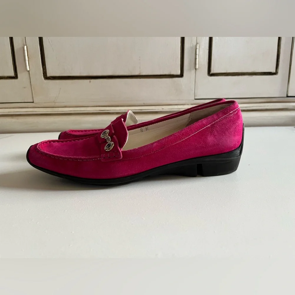 - Via Spiga pink suede slip on loafers w/soft soles-slight heel-size 8